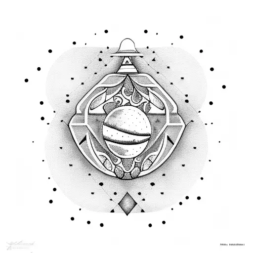 An Intricate Dotwork Design Featuring A Ufo Hovering Over A Family Portrait