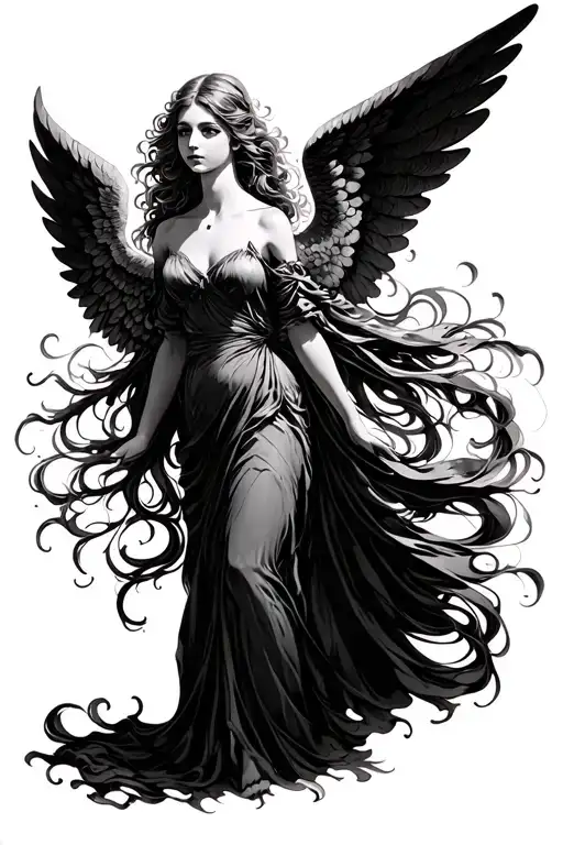 Angel With Flowing Long Hair And A Flowing Dress And A Flowing Large Wing Span