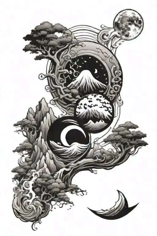 Sunrise Beachside Yin Yang Moon On Mountains Full Shoulder Sleeve