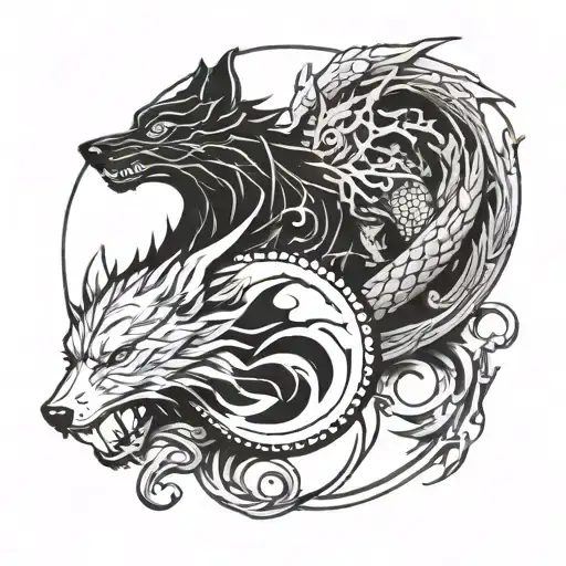 Tattoo Sketch Featuring A Wolf And Dragon In A Yin Yang Design