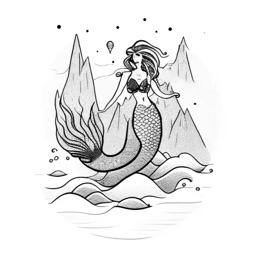 A Whimsical Mermaid Gracefully Swimming Amidst A Mountainous Landscape