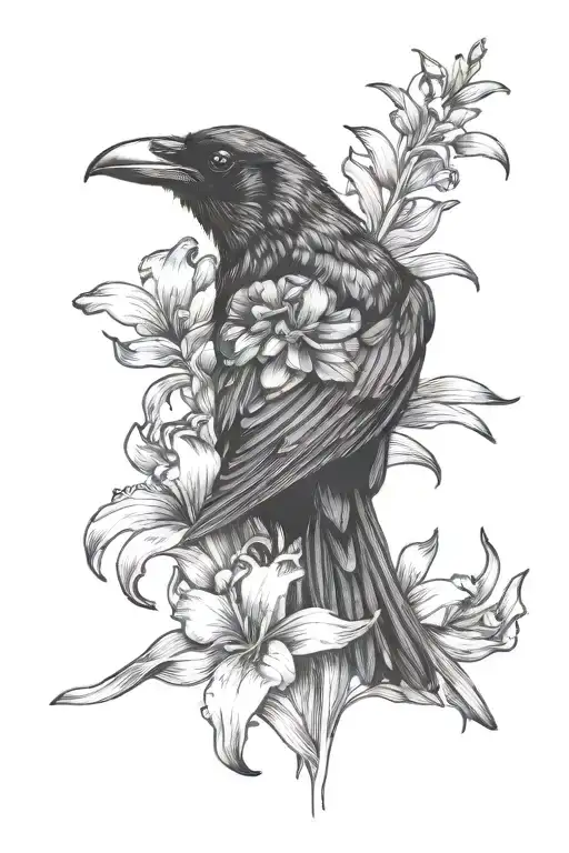 Raven And Iris Flower Intertwined