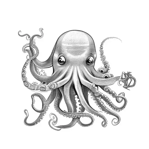 Octopus Trying To Catch A Red Salmond With A Hook On The Mouth