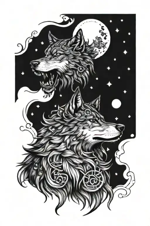 Wolf With A Ring Of Moon And Stars In Its Mouth
