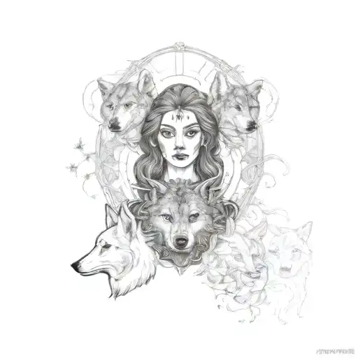 Create A Witch Hecate With A Female Face And 2 Wolves
