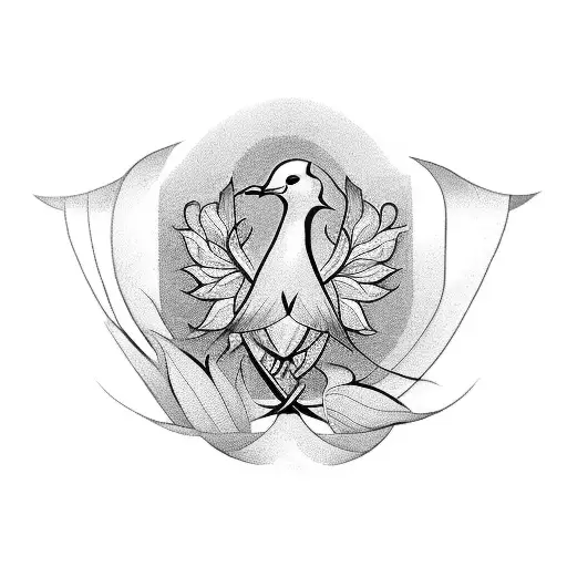 A Blackwork Tattoo Showcasing A Dove And Daffodil Forming The Shape Of A Breast Cancer Ribbon