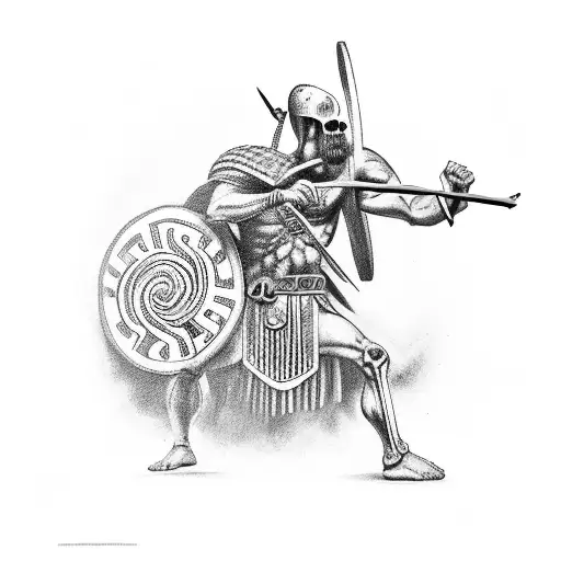 A Fierce Greek Warrior Battling A Skeleton In A Croatian Landscape