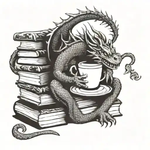 Sleeping Dragon Curled Up Around Stack Of Books With Cup Of Tea On The Top