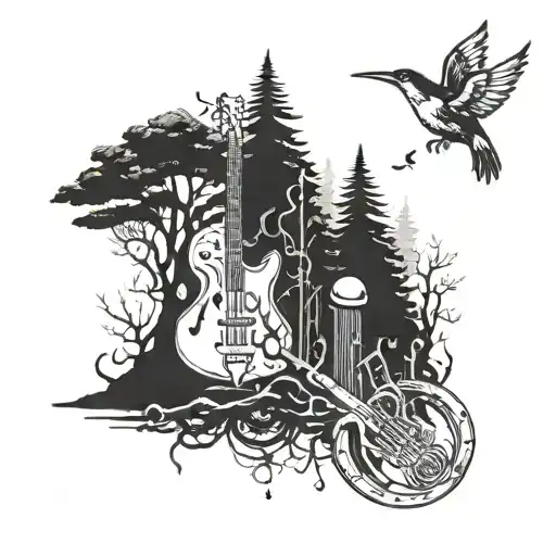 Incorporate Elements Of Music Notes And Instruments Into A Dark And Mysterious Forest Scene