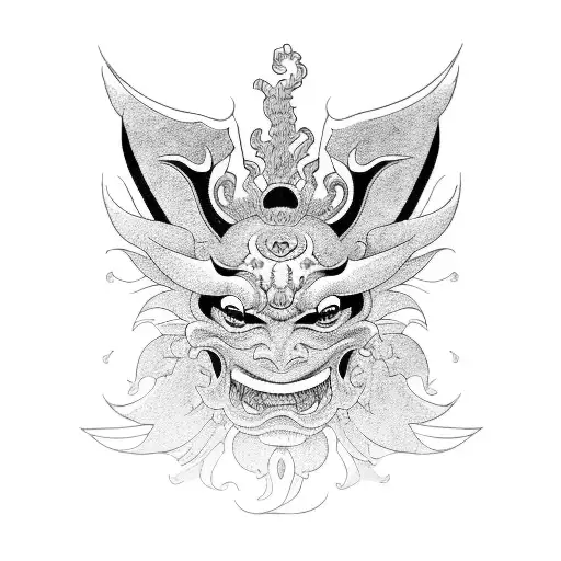 A Unique Blackwork Tattoo Of A Hannya With A Colorful Background