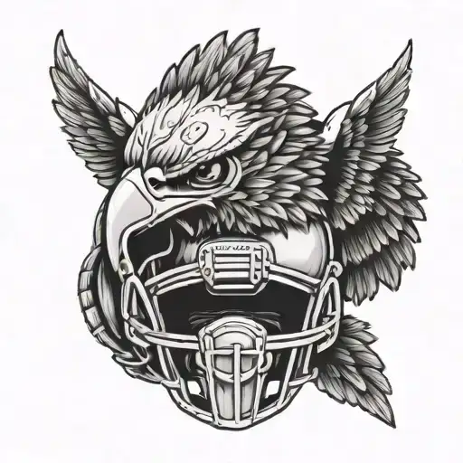 A Dynamic Composition Featuring A Football Helmet And Eagle Wings In A Blackwork Style