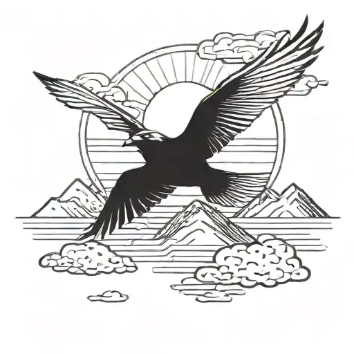 Bird Flying Away And Sun Setting Behind Mountains And Clouds