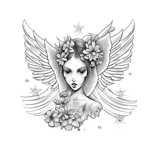 Angel With Flowers And Stars