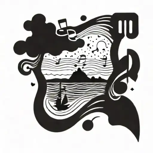 A Beach Scene With Musical Notes Floating In The Sky