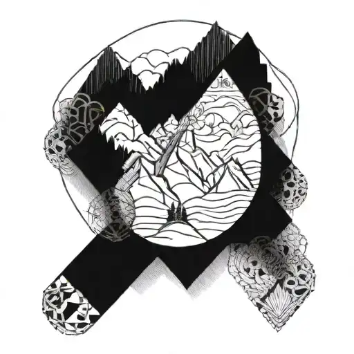 A Majestic Mountain Range With Intricate Geometric Patterns Intertwined Within The Peaks And Valleys