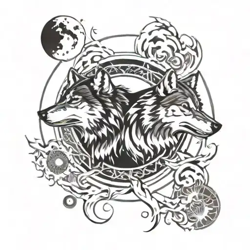 Two Wolves Chasing The Sun And Moon Surrounded