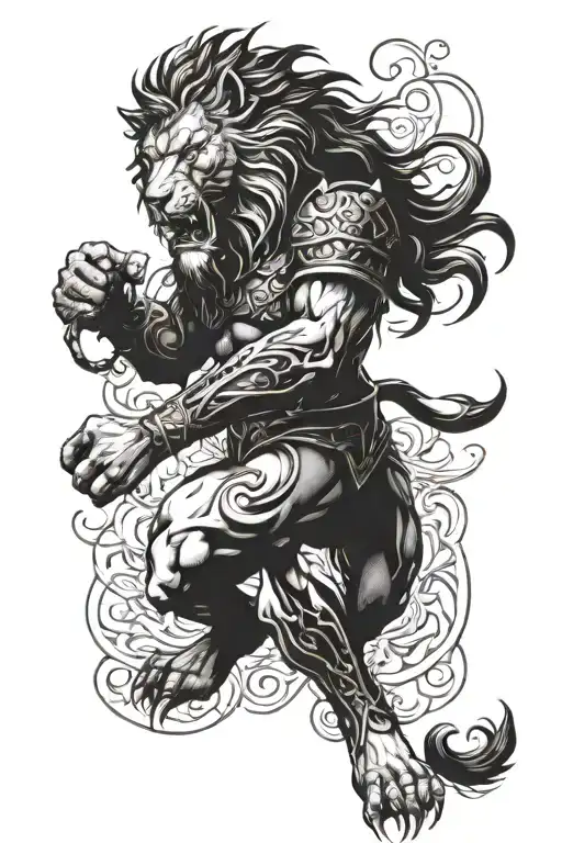 Half Human Half Lion Warrior Fighting Demons
