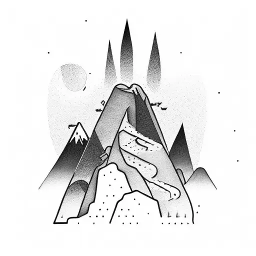 A Blackwork Tattoo Of A Rock Climber Scaling A Mountain With Nature-inspired Elements