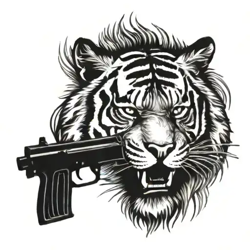 Tiger Face With Assault Rifles On Each Side Of The Face
