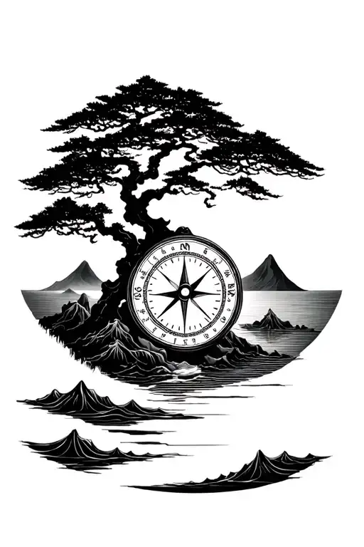 Japanese Style With Time Compass Tree Sea Mountains Sun