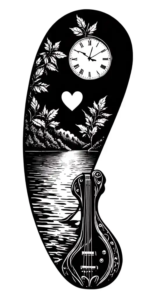 Plectrum With Heart And Leaves Sunset Over Lake And Clock