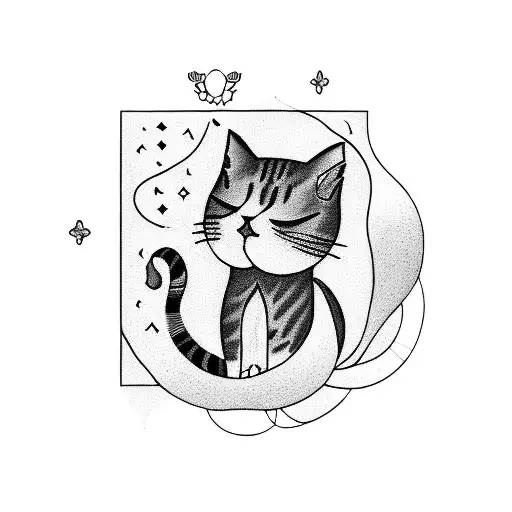 A Serene Blackwork Tattoo Of A Peaceful Cat Resting Under A Tree In A Park