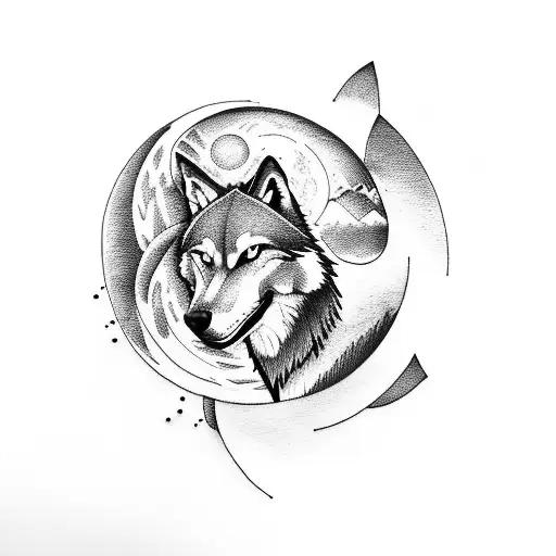 A Wolf With Blue Eyes Surrounded By Mountains And The Moon