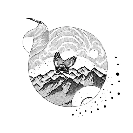 Mountains With Eagle And Moon