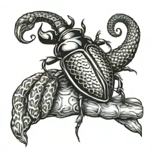 Beetle On The Hand Against The Background Of A Snake On The Hand