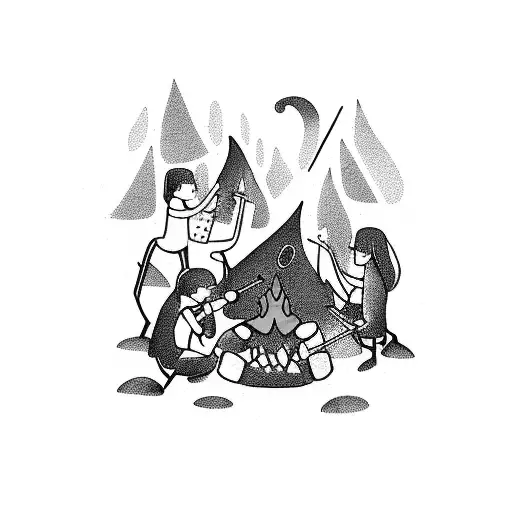 A Group Of Friends Playing Instruments Around A Campfire In The Wilderness