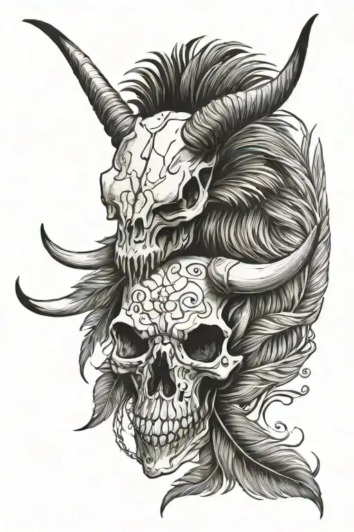 A Skull Of A Texas Longhorn With Duck Feathers Intertwined