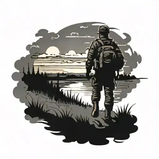 Russian Army Soldier Walking From The Battlefield Sunset Behind Him