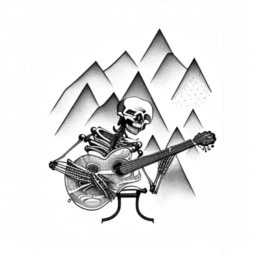 A Skeletal Hand Playing A Guitar With Mountains And Trees In The Background