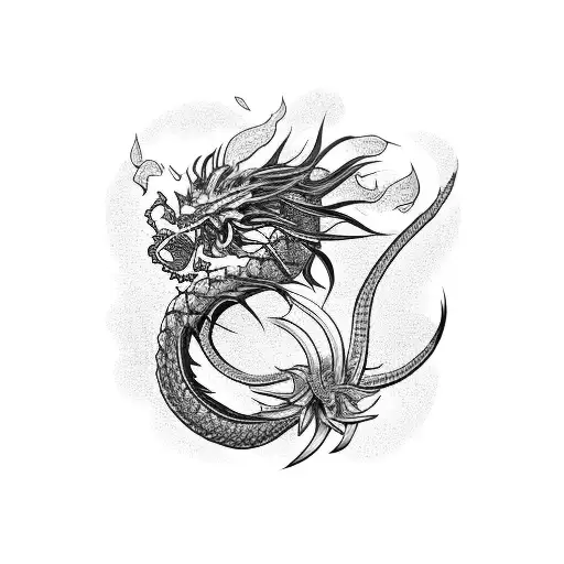 A Fierce Japanese Dragon Surrounded By Red Spider Lilies