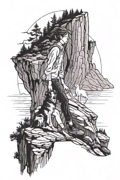 A Girl And Her Dog Looking Off A Cliff At Saturn And A Waterfall