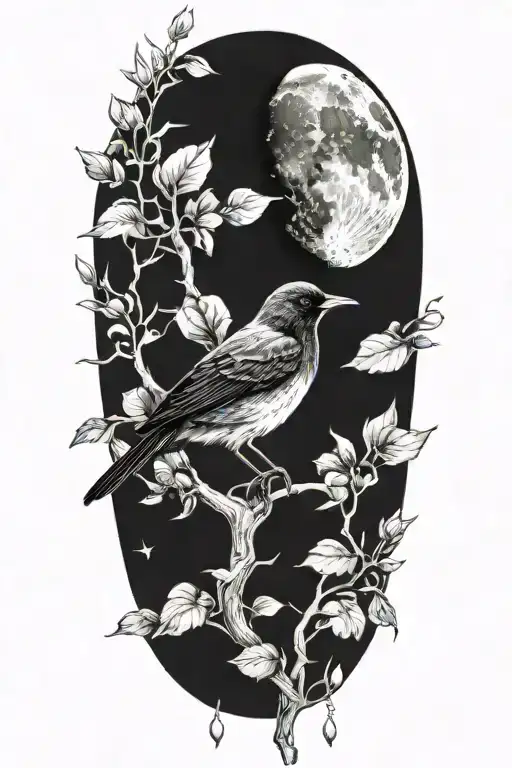 Realistic Moon And Blackbird