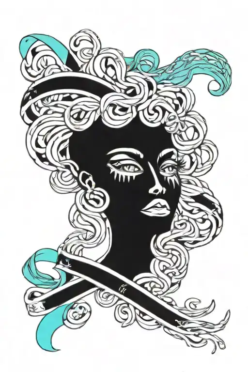Medusa Head Holding Teal Ribbon Over Broken Heart