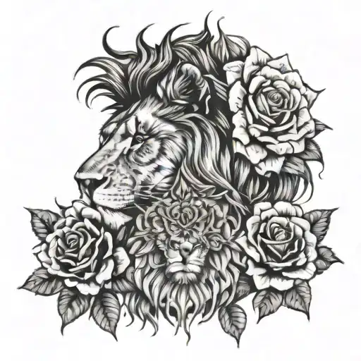 Lion Face And Phenix Head Looking Away With 3 Full Roses Below The Image