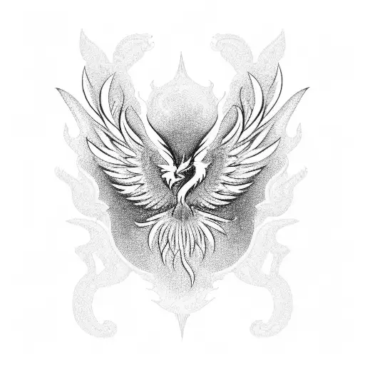 A Blackwork Design Of A Phoenix Spreading Its Wings Across The Spine