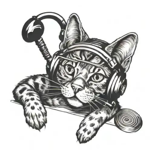 A Sitting Cat Smoking Cigaratte With Headphone On Its Head