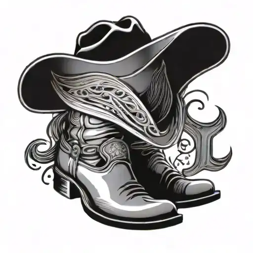 Cowboy Big Brim Hat Resting On Clean Cowboy Boots