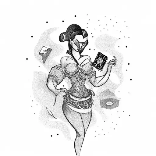 A Fierce And Mysterious Femme Fatale Surrounded By Playing Cards And Stacks Of Money