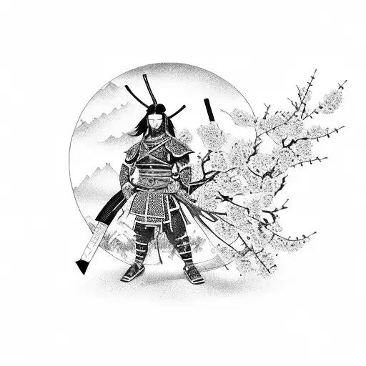 A Majestic Samurai Warrior Riding A Mythical Creature Surrounded By Cherry Blossoms