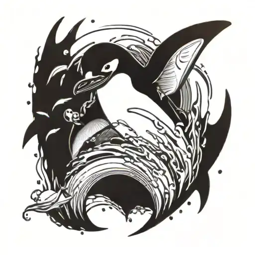 Happy Penguin Splashing With Sharks Going In Figure 8 Around