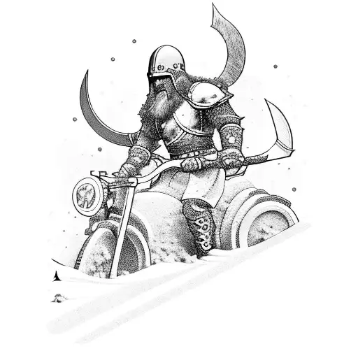 A Fierce Viking Warrior Riding A Motorcycle Through A Snow-covered Mountain Range