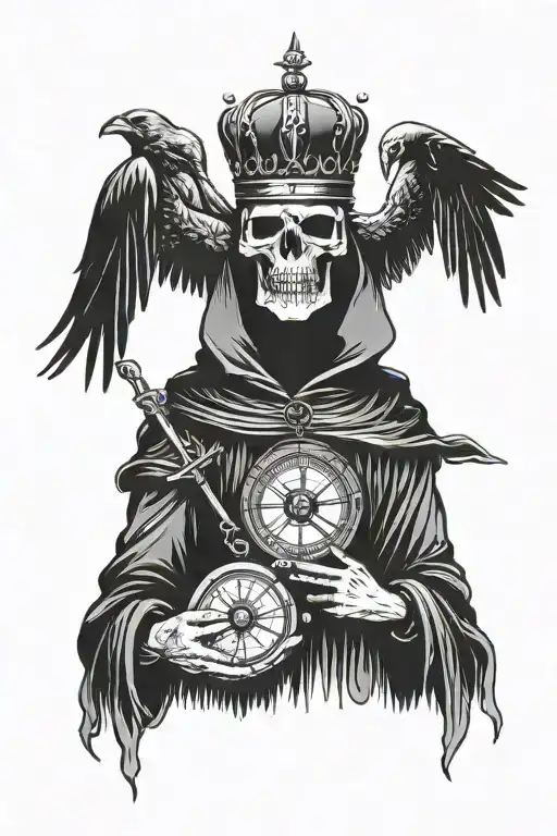 Reaper In A Crown Holding A Birdcage And Compass