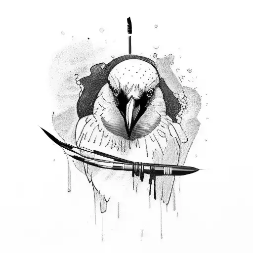A Sketch-style Tattoo Of A Crow Holding A Paintbrush And Palette