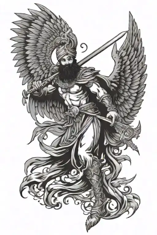 Sikh Warrior With Angel Wings Fighting Demons