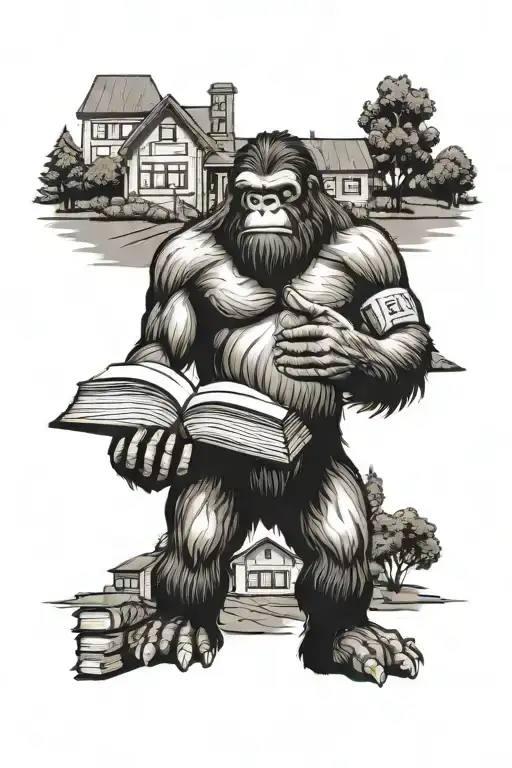 Bigfoot Holding A Book With A School Building In The Background