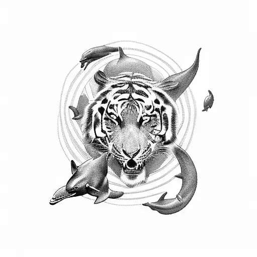 A Dolphin And A Tiger Around Ying And Yang